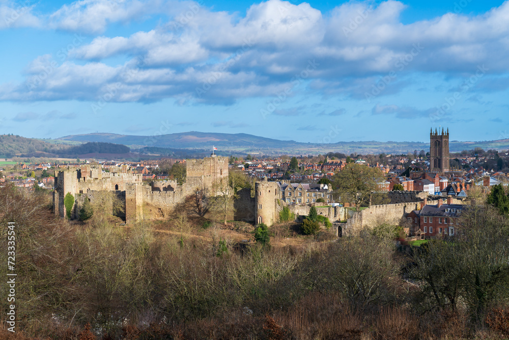 The Shropshire town of Ludlow during winter with the Castle and church.  Image taken from Whitcliffe Nature Reserve