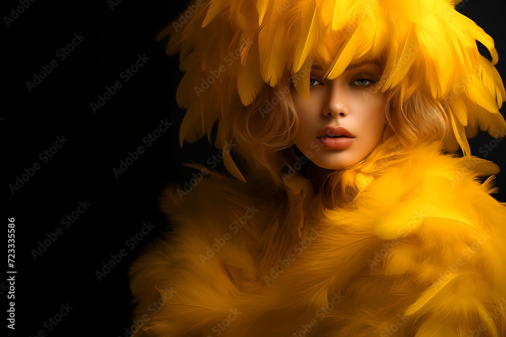 Fashion editorial Concept. Closeup portrait of pretty woman, surround in yellow soft feathers boa and hat. illuminated dynamic composition dramatic lighting. copy text space Fashion editorial Concept. Closeup portrait of pretty woman, surround in yellow soft feathers boa and hat. illuminated dynamic composition dramatic lighting. copy text space