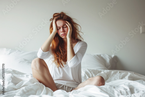 young woman suffering from morning headache at home