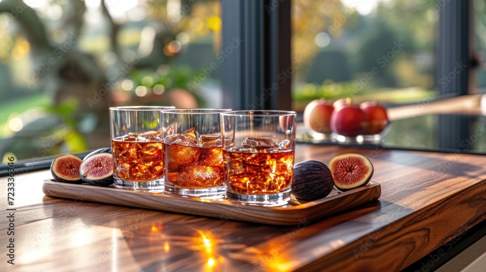 a wooden tray topped with three glasses filled with liquid and sliced figs on top of a wooden table next to a window with a view of a tree outside. a wooden tray topped with three glasses filled with liquid and sliced figs on top of a wooden table next to a window with a view of a tree outside.