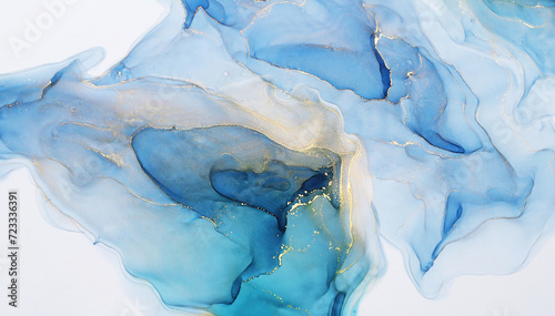 Abstract alcohol ink painting texture in blue azure tones