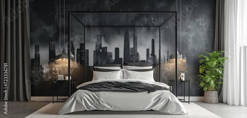 A bed canopy with a modern urban skyline silhouette, set in a room with walls in a cool slate gray