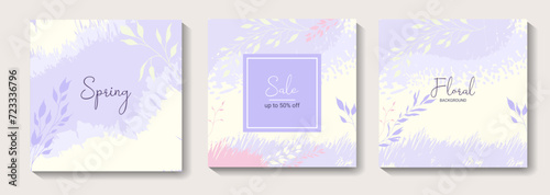 Spring square backgrounds with floral elements, leaves. Editable vector template for greeting card, poster, banner, invitation, social media post. Hello spring. Spring sale