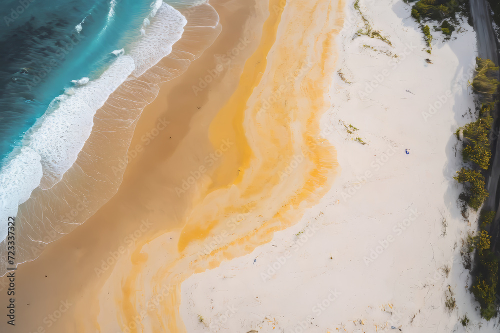 Perfect sandy beach with saltwater waves from the blue sea, drone aerial shoot from top view