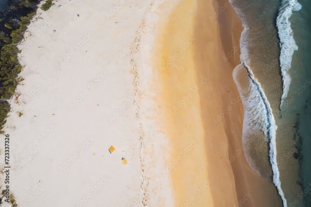 Perfect sandy beach with saltwater waves from the blue sea, drone aerial shoot from top view