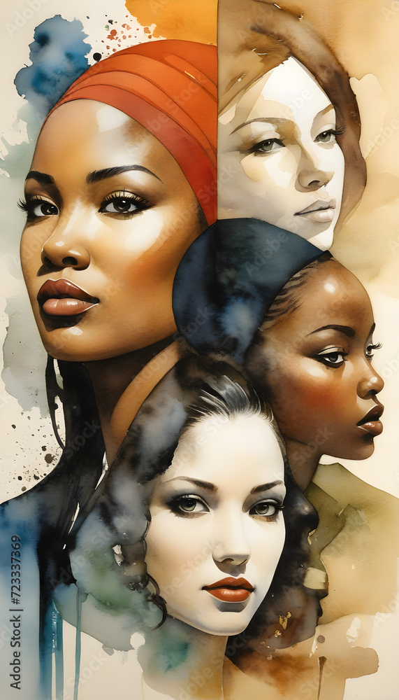 Illustration in pencil, oil paint, photography and watercolor, showing different ethnicities of women around the world
Illustration in pencil, oil paint, photography and watercolor, showing different ethnicities of women around the world