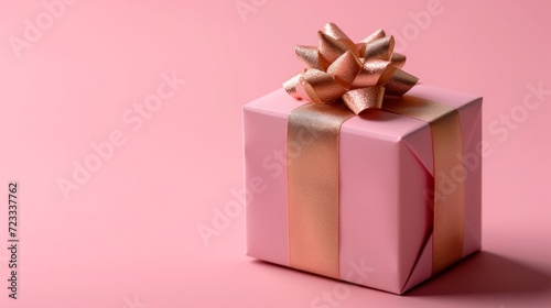 Pink gift box with gold silk bow on isolated pink background © olegganko