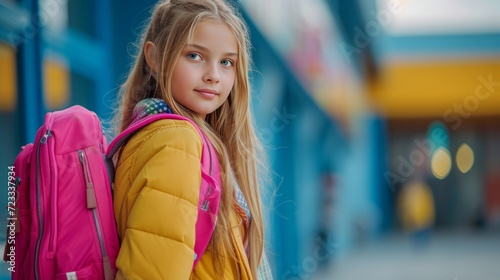 Fashionable girl 12 years old with long blond hair goes to school with a pink...
