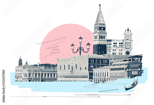 Contemporary artwork. Creative design in retro style. Color image if beautiful buildings in Venice. Vintage town. Concept of creativity, surrealism, imagination, futuristic landscape