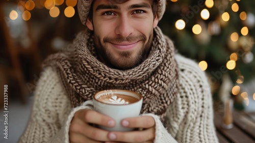 Handsome young man in a warm knitted sweater drinks hot chocolate