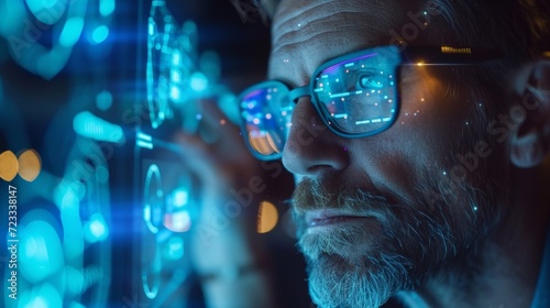 A visionary businessman strategizes amidst holographic charts and AI-driven a...