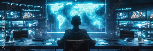 Business leaders conduct a high-stakes virtual meeting using holographic proj...