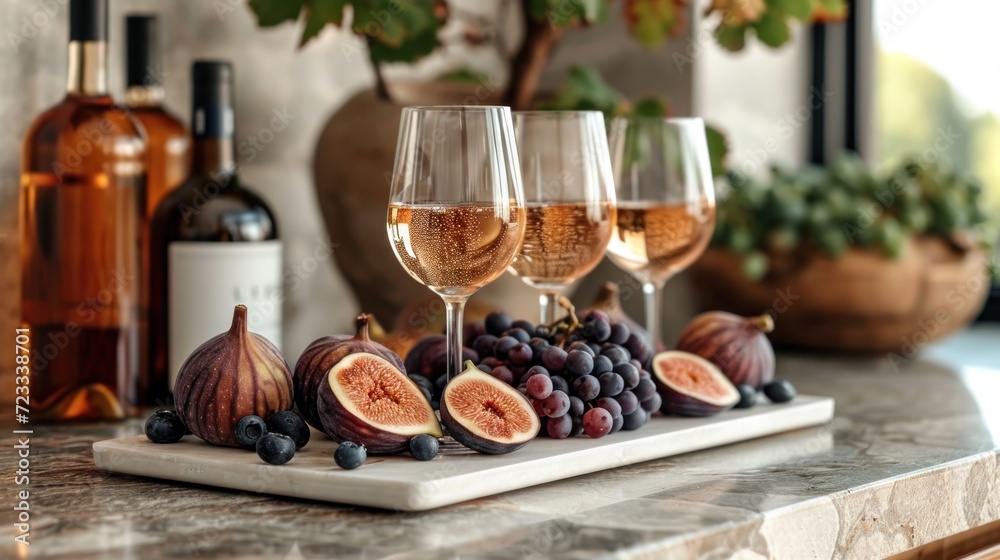  a table topped with glasses of wine and figs next to bottles of wine and a vase filled with grapes and figs on top of a marble slab of marble.
