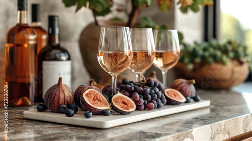  a table topped with glasses of wine and figs next to bottles of wine and a vase filled with grapes and figs on top of a marble slab of marble.