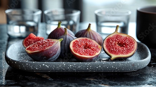  a close up of a plate of figs on a table with a glass of water and a cup of water in the backgrouch of the table.