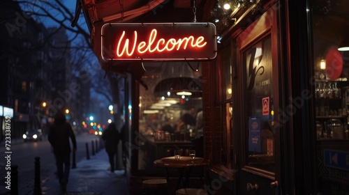A welcome sign in front of a bar or pub. Slightly blurred bar or tavern background. Nightlife concept. Red colors.