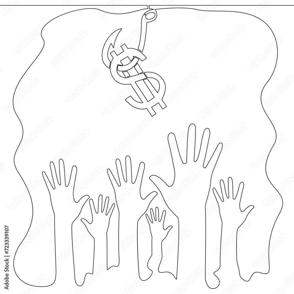 Fototapeta premium Continuous line drawing Hooked money and reaching hands icon vector illustration concept