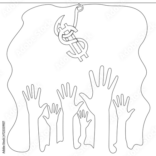 Continuous line drawing Hooked money and reaching hands icon vector illustration concept