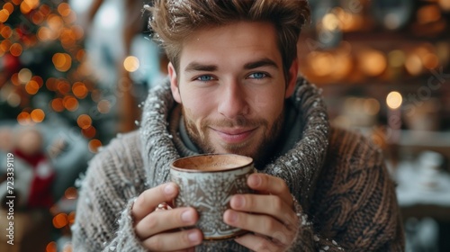 Handsome young man in a warm knitted sweater drinks hot chocolate