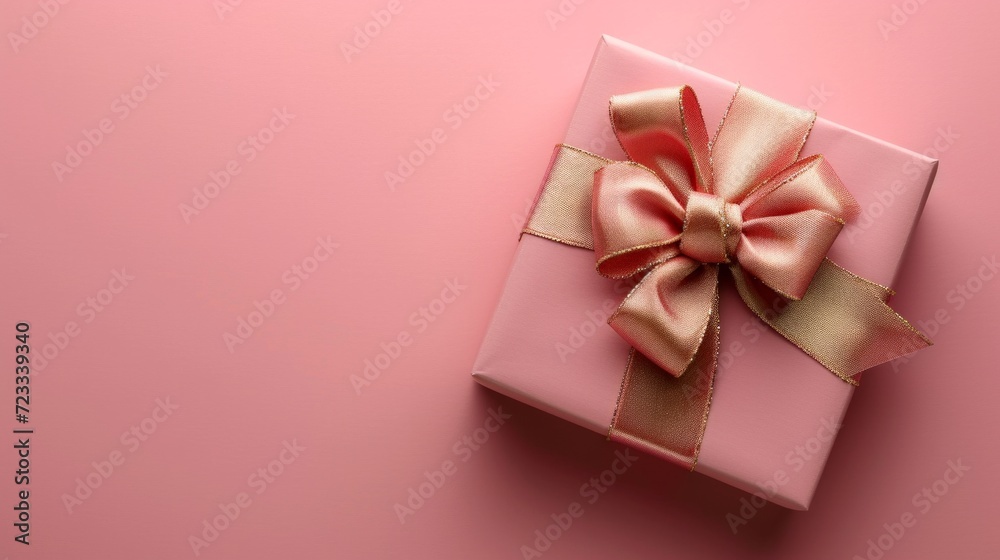 Pink gift box with gold silk bow on isolated pink background