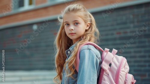 Fashionable girl 12 years old with long blond hair goes to school with a pink...