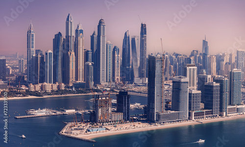 Aerial top view futuristic skyscraper of Dubai, panorama Marina JBR sand beaches, sunset. Concept Modern building in UAE