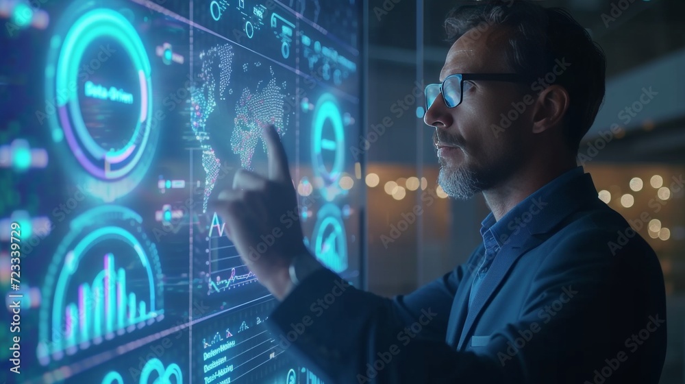 A businessman reviews real-time analytics on a transparent touchscreen, A businessman reviews real-time analytics on a transparent touchscreen,