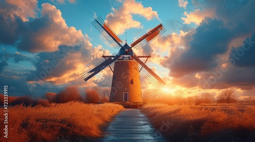  a windmill in the middle of a field with a path leading to it and the sun shining through the clouds in the sky over the top of the windmills. photo