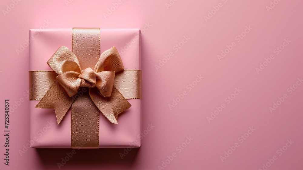 Pink gift box with gold silk bow on isolated pink background Pink gift box with gold silk bow on isolated pink background