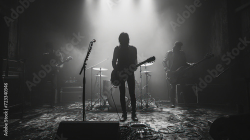  a black and white photo of a band playing in a dark room with spotlights on the floor and a person standing on a stage with a guitar in the foreground.