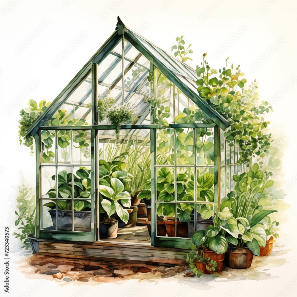 a watercolor painting of a greenhouse with plants in it