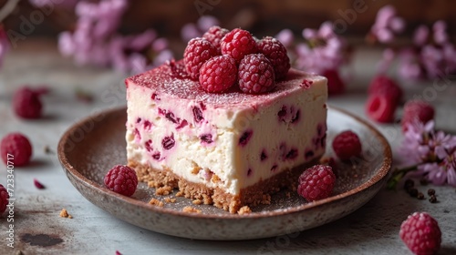  a close up of a piece of cake on a plate with raspberries on the side of the plate and flowers in the back ground in the back ground.