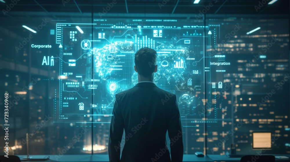 In a modern office setting, a business leader demonstrates the successful integration of AI into various facets In a modern office setting, a business leader demonstrates the successful integration of AI into various facets