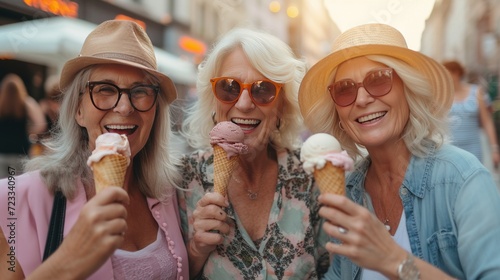 Three mature women eating ice cream cone, walking on the street