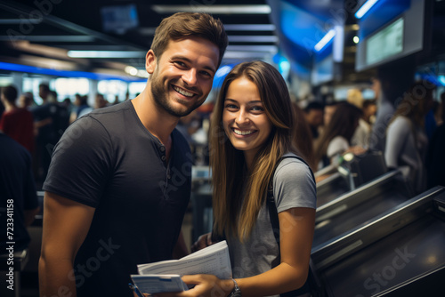 A lovely young couple is at the airport in front of a checked luggage station