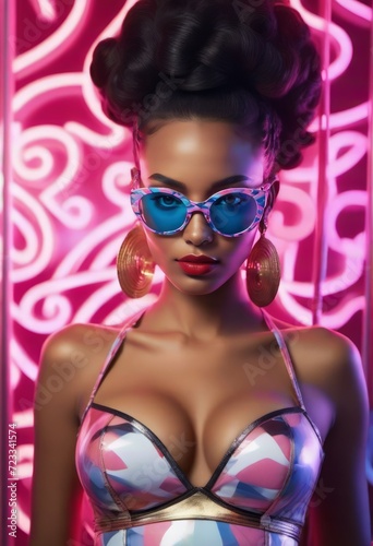 A woman with dark hair styled in an updo, wearing sunglasses and a bikini top. She has large, round earrings and red lipstick. She stands in front of a wall of neon lights.