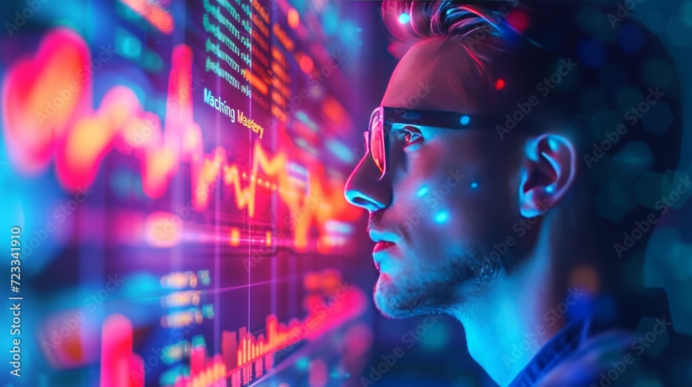 A businessman collaborates with AI algorithms, fostering innovation in a high-tech environment to stay ahead A businessman collaborates with AI algorithms, fostering innovation in a high-tech environment to stay ahead
