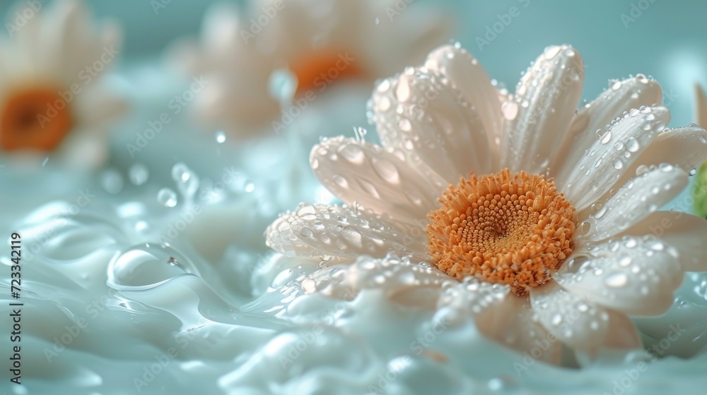 a close up of a white and orange flower with water droplets on it and a green stem in the center of the flower, on a blue background of white foamy water. a close up of a white and orange flower with water droplets on it and a green stem in the center of the flower, on a blue background of white foamy water.