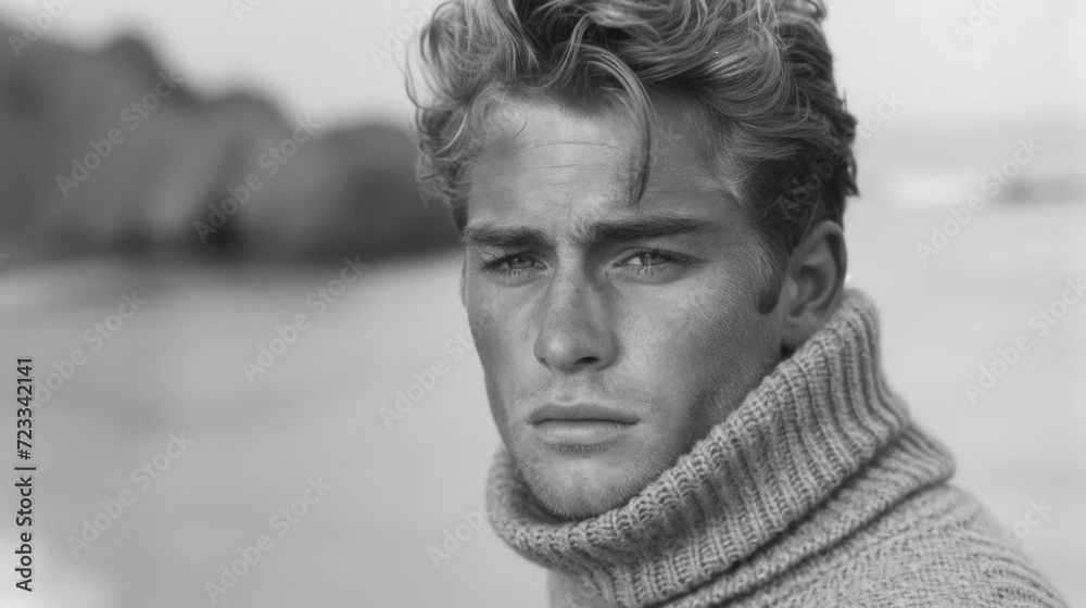 a black and white photo of a man in a turtle neck sweater looking off into the distance with a body of water in the back ground in the foreground. a black and white photo of a man in a turtle neck sweater looking off into the distance with a body of water in the back ground in the foreground.