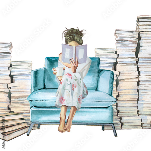 Young girl reads a book sitting on a books stack. Watercolor hand painted woman reading a story. Book lover concept. Book reader design. Bookworm illustration.