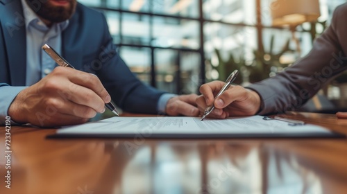 Two businessmen sign an agreement in the office. Blurred background of modern...