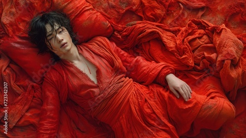  a woman in a red dress is laying on a bed of red sheets with her hands on her head and her eyes closed, while she is covered with her eyes closed.