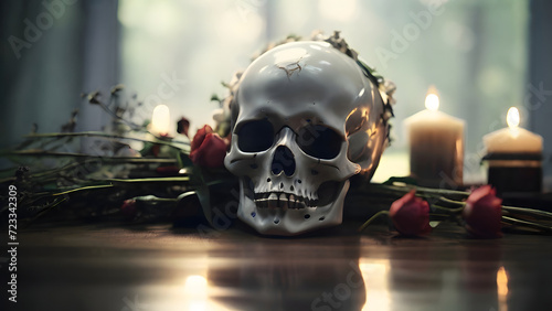 Ilustración de cráneo humano con flores