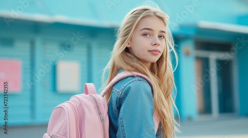 Fashionable girl 12 years old with long blond hair goes to school with a pink...