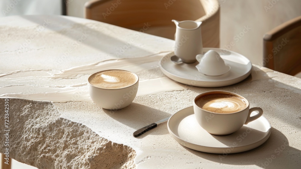 two cups of cappuccino sit on a table next to a plate with a saucer and a cup of coffee in front of cappuccino. two cups of cappuccino sit on a table next to a plate with a saucer and a cup of coffee in front of cappuccino.