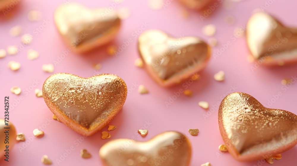 Obraz premium Many small gold 3D hearts on a soft pink background