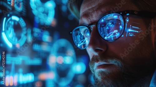 A visionary businessman strategizes amidst holographic charts and AI-driven a...