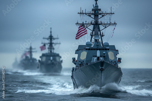 Warships with US flag at sea.