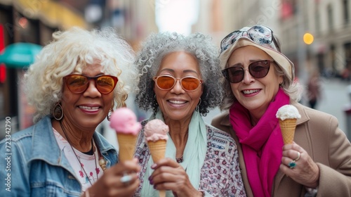 Three mature women eating ice cream cone, walking on the street