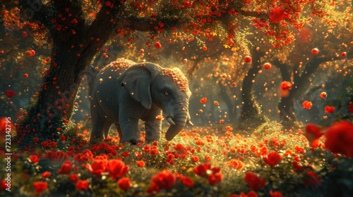  an elephant standing in the middle of a forest with red flowers on the ground and a tree with lots of red flowers on its trunk, and trunk and trunk.